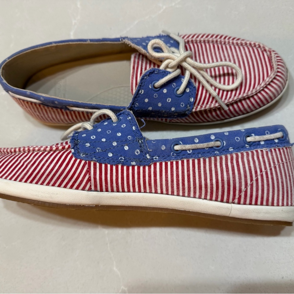 Sanuk Boat Shoes Canvas Striped Polka Dot Red Blue White, 8.5 - Picture 5 of 8